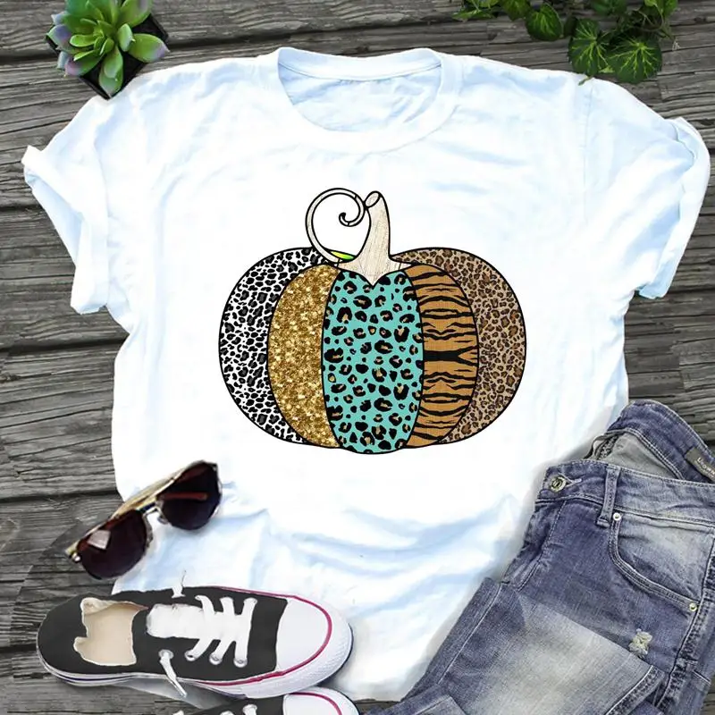 

Women Graphic Leopard Short Sleeve Pumpkin Fall Autumn Halloween Thanksgiving Cartoon Female Clothes Tops Tees Tshirt T-shirt