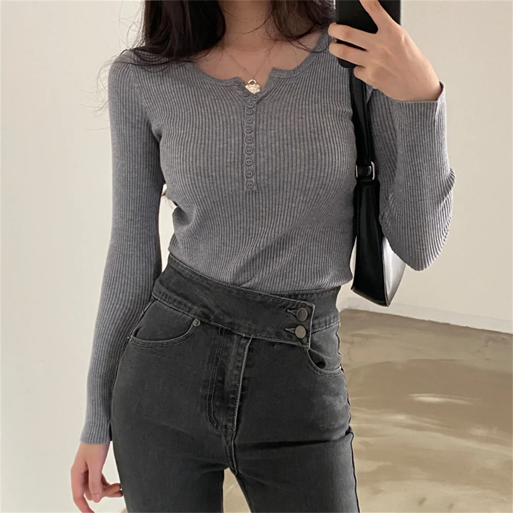 

Женский трикотажный свитер в стиле Харадзюку, однотонный Повседневный эластичный пуловер, облегающий свитер, 4 цвета, осень 2021