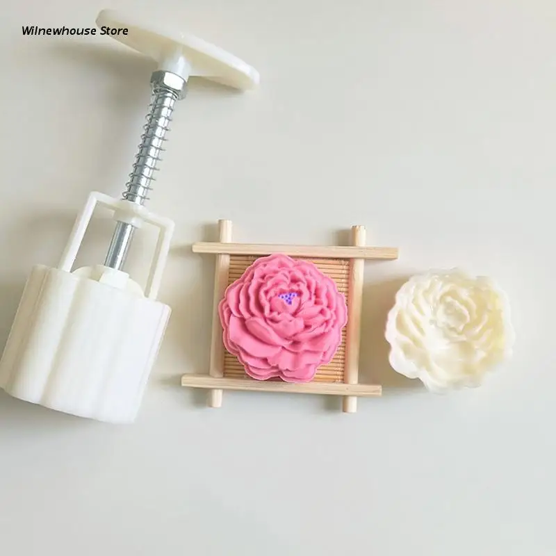 

F62A Blossom Peony Round Moon Cake Molds 50g/125g Hand-Pressure 1 Stamp Mooncake Molds for Mid-Autumn DIY Pastry Tool Cookie Set