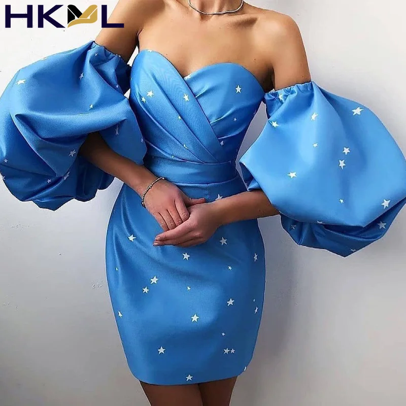 

Women Mini Dresses Puff Sleeve Backless Off Shoulder Star Print Fashion Elegant Pencil Dresses 2021 Summe