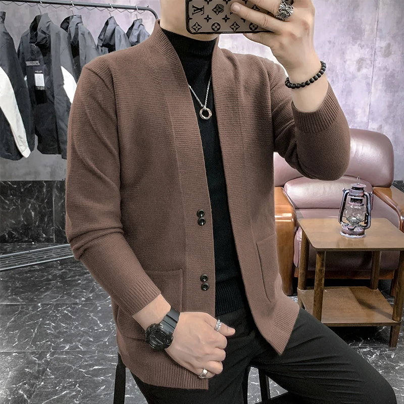 

High Quality Cardigan Men Fashion 2020 Korean V Neck Slim Fit Solid Casual Sweaters Front Pocket Sweater Youth Clothing 3XL