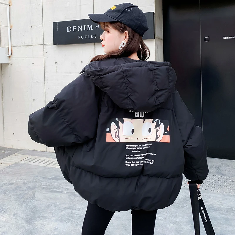 Winter Jacket Women Casual Outwear Harajuku Youthful Childhood Anime Printing Boyfriend Loose Warm Bread Coat Cotton Parka