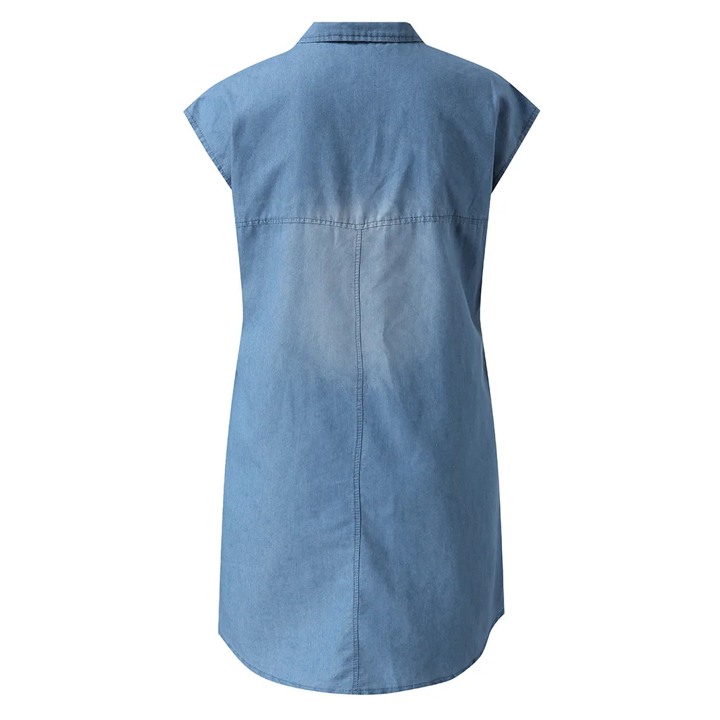

2021 Summer New Fashion Pocket Sleeveless Casual Women Dress Buttoned Turn-Down Collar Above Knee Female Denim Dress