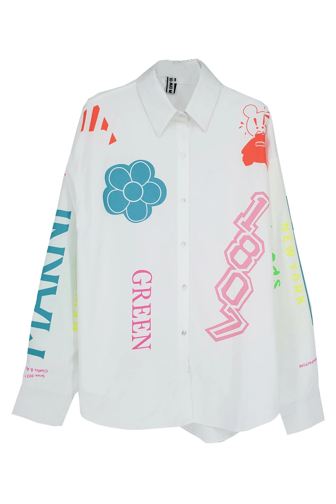 

L77 New European Goods Color Letter Print Bear Long Loose Casual Boyfriend Style White Shirt Spring Ladies