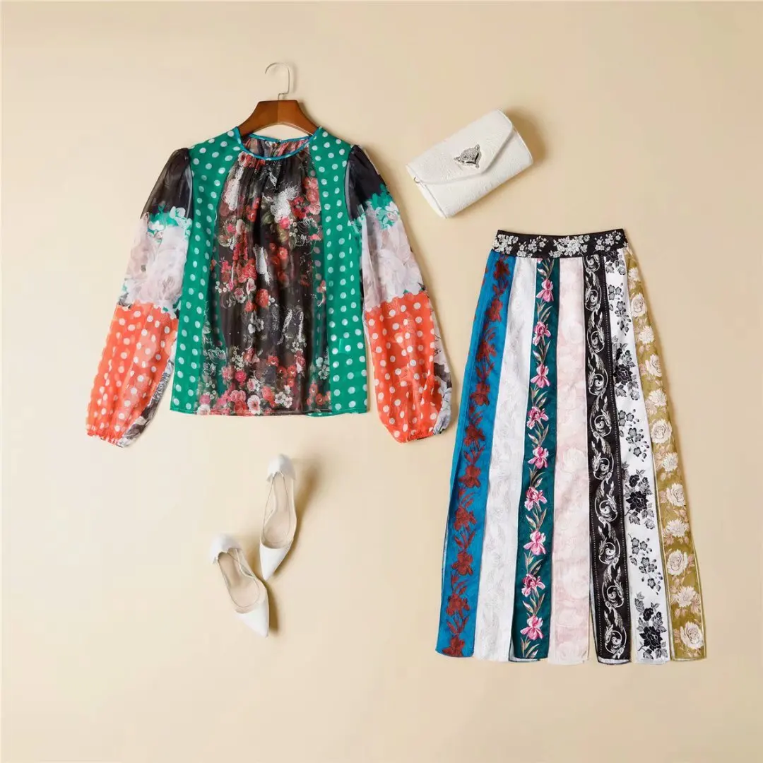 

European and American women's clothing spring 2021 The new Long-sleeved polka dot floral print shirt Printed skirt Fashion suits