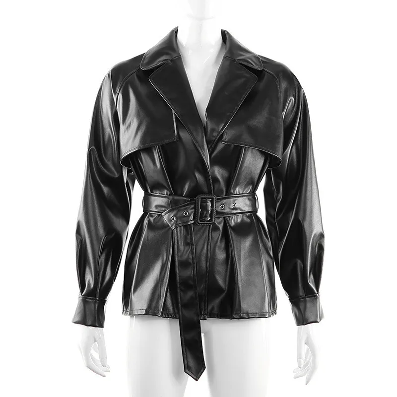 

2020 New Women Fashion Jacket Moto Biker Solid Autumn Winter Sexy Leather Female Long Sleeve Solid Belt Streetwear Coat Outwear