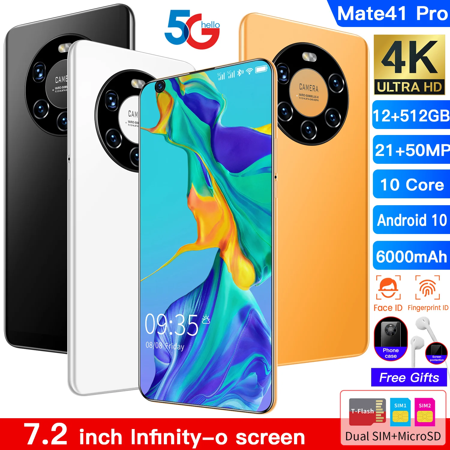 

Latest Generation! Mate41Pro 7.2inch 12+512G 21MP+50MP Camera 6000mAh Big battery,Dual SIM Support T-Flash Card.4G Smartphone