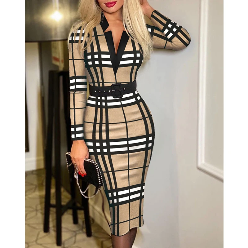 

Vintage Plaid V-neck Long Sleeve Mermaid Bodycon Elegant Dress Office Lady Spring and Autumn Clothes Casual Belt Dress Vestidos