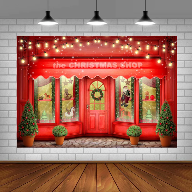 

Red Wood Door Toy Shop Backdrop for Photography Pine Snowy Christmas Baby Child Photocall Background Studio Photo Shoot Decor