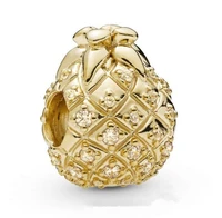 genuine 925 sterling silver bead charm shine golden pineapple charm fit pan women bracelet necklace diy jewelry