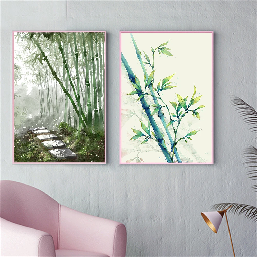 Настенное искусство китайский бамбуковый постер акварель зеленое растение