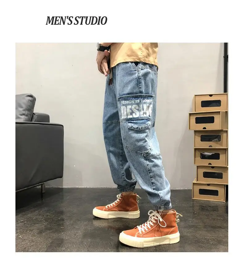 

Printed Jeans Men's Loose Cropped Pants Denim Trousers Men Hip Hop Jeans