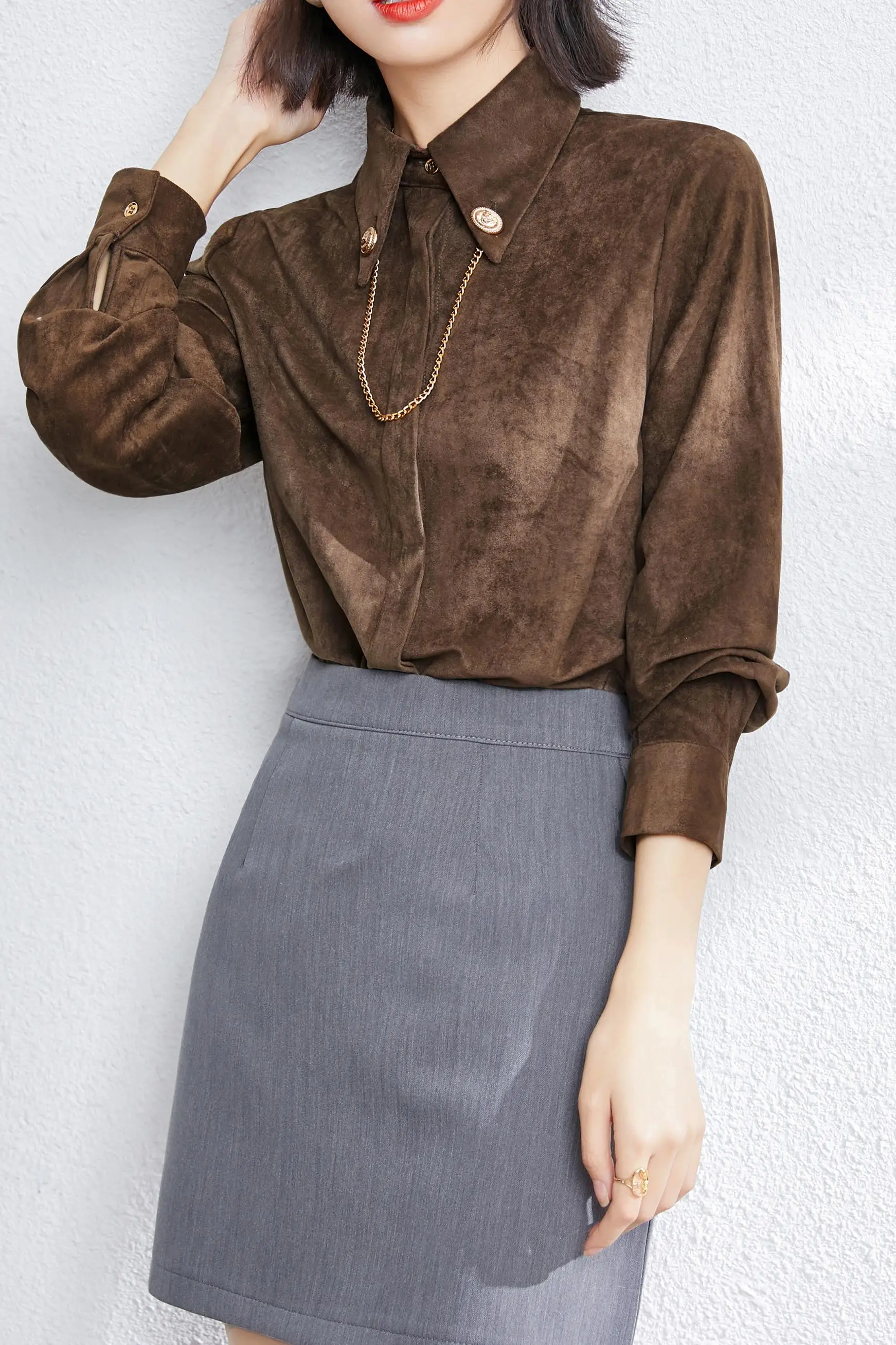 

Chiffon Slim Women's Blouses New Casual Blouse Fashion Long Sleeve Top Solid Color Metal Chain Shirt Spring/autumn Houthion