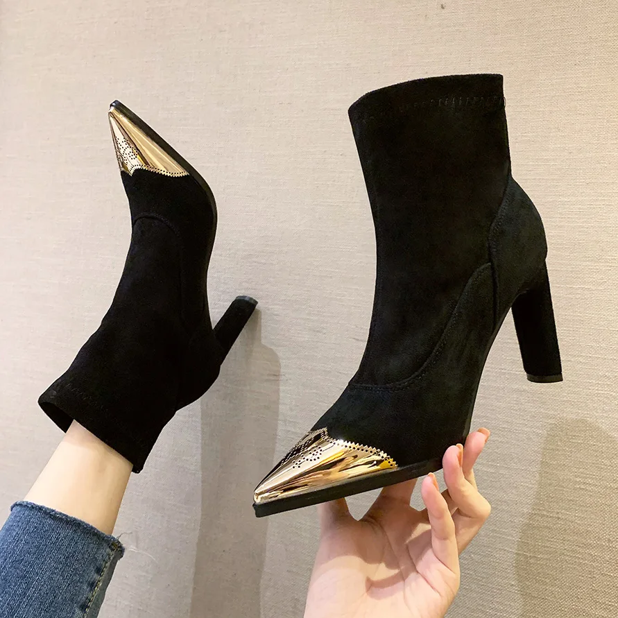 

Natural Flock Leather Boots Women Fashion Metal Decoration Pointed Toe Mid Square Heels Ladies Warm Short Plush Shoes