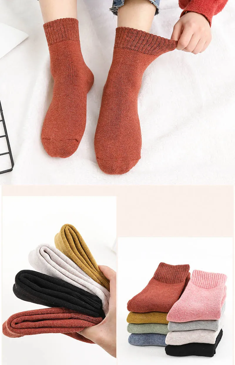 LKWDer 3 Pairs Winter Warm Socks For Women Solid Color Thick Wool Rabbit Hair Socks Snow Against Cold Warm Cotton Sock Sox Meias