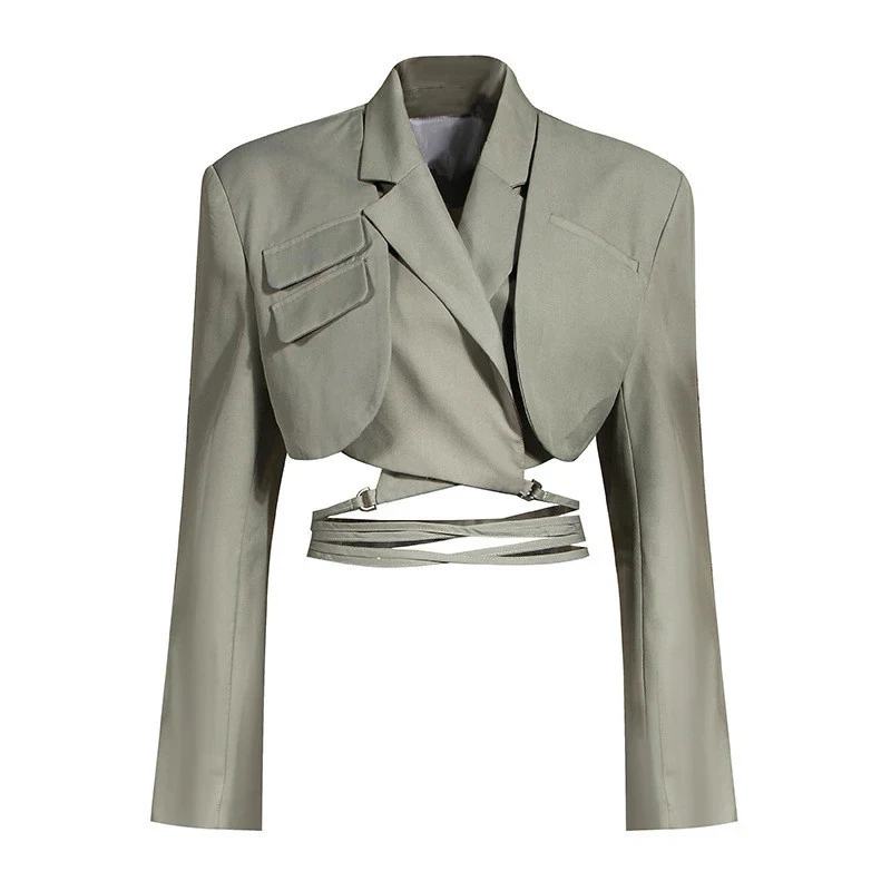 

2021 New Winter Gray Double Layer Bandage Slim Blazer Women's Long Sleeve Pocket Short Jacket Female Notched Collar Outwear Tops