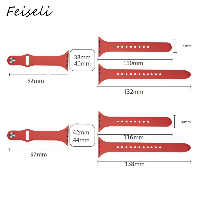 Feiseli для Apple Watch Band 1 2 3 4 5 мягкий силиконовый Одноцветный 38 мм 40 42 44 iwatch сменный
