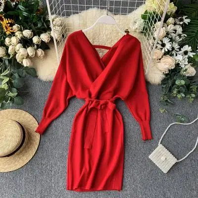 

2020 New Korean Autumn Winter Women Multicolor Knitted Sweater Dress Batwing Sleeve V-Neck Elegant Belted Hip Dress for Female