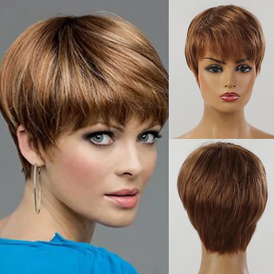 

Human Hair Capless Wigs Human Hair Natural Straight short Bob Pixie Cut Layered Haircut costume wig for women
