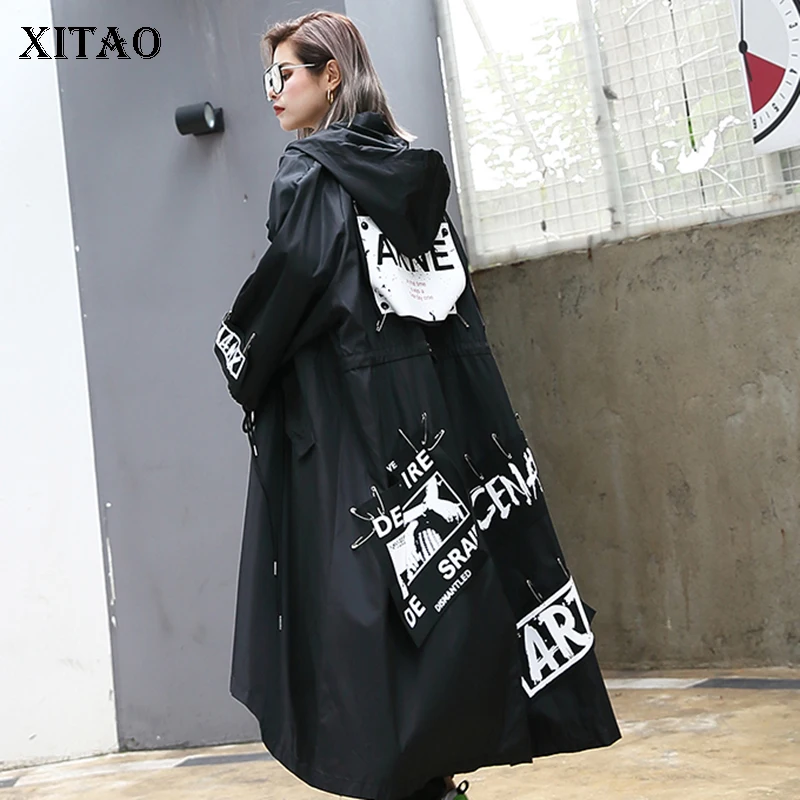 

XITAO Spliced Plus Size Black Trench For Women Tide Long Print Streetwear Hoodie Casual Female Wide Waisted Coat 2019 ZLL1100