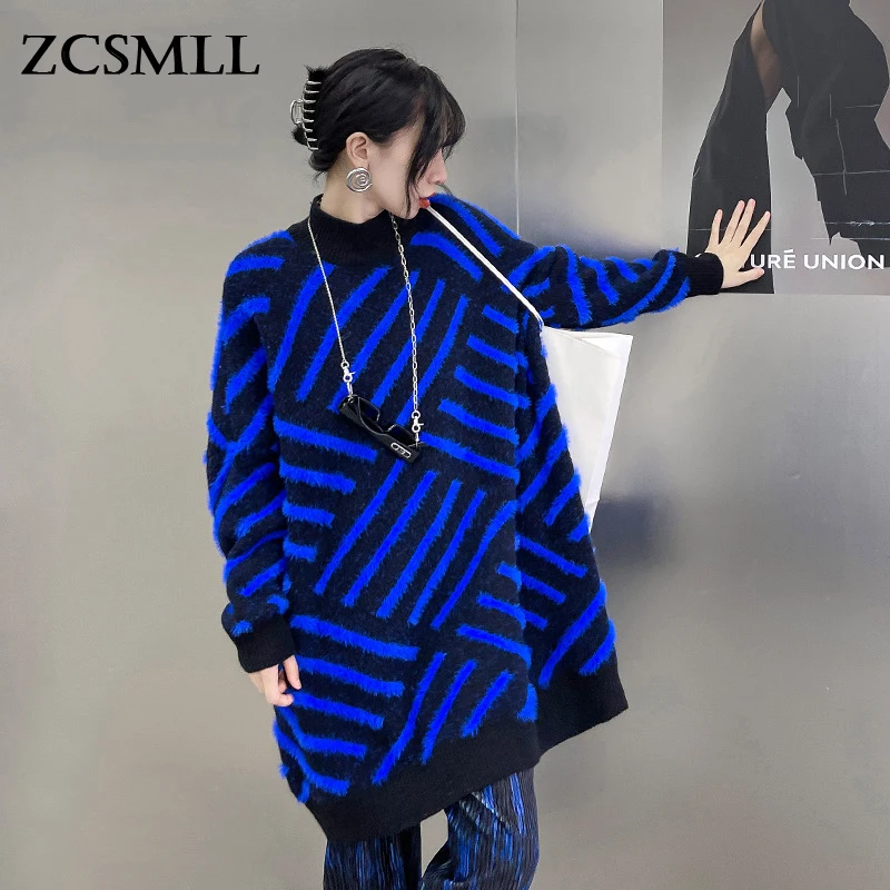 

Вязаный свитер ZCSMLL в полоску большого размера, свободные женские пуловеры с круглым вырезом и длинным рукавом, новая мода, Осень-зима 2021, TH1388
