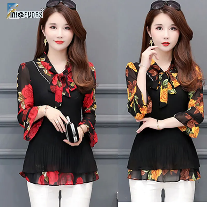 

Женские блузки с бантом на воротнике, повседневные Элегантные блузки с рукавом 2020 и цветочным принтом, осень 3/4