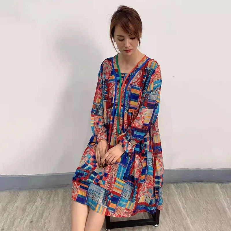 

CHICEVER Bohemian Style Dress For Women V Neck Long Sleeve High Waist Geometric Print Hit Color Loose A Line Dresses Female 2021