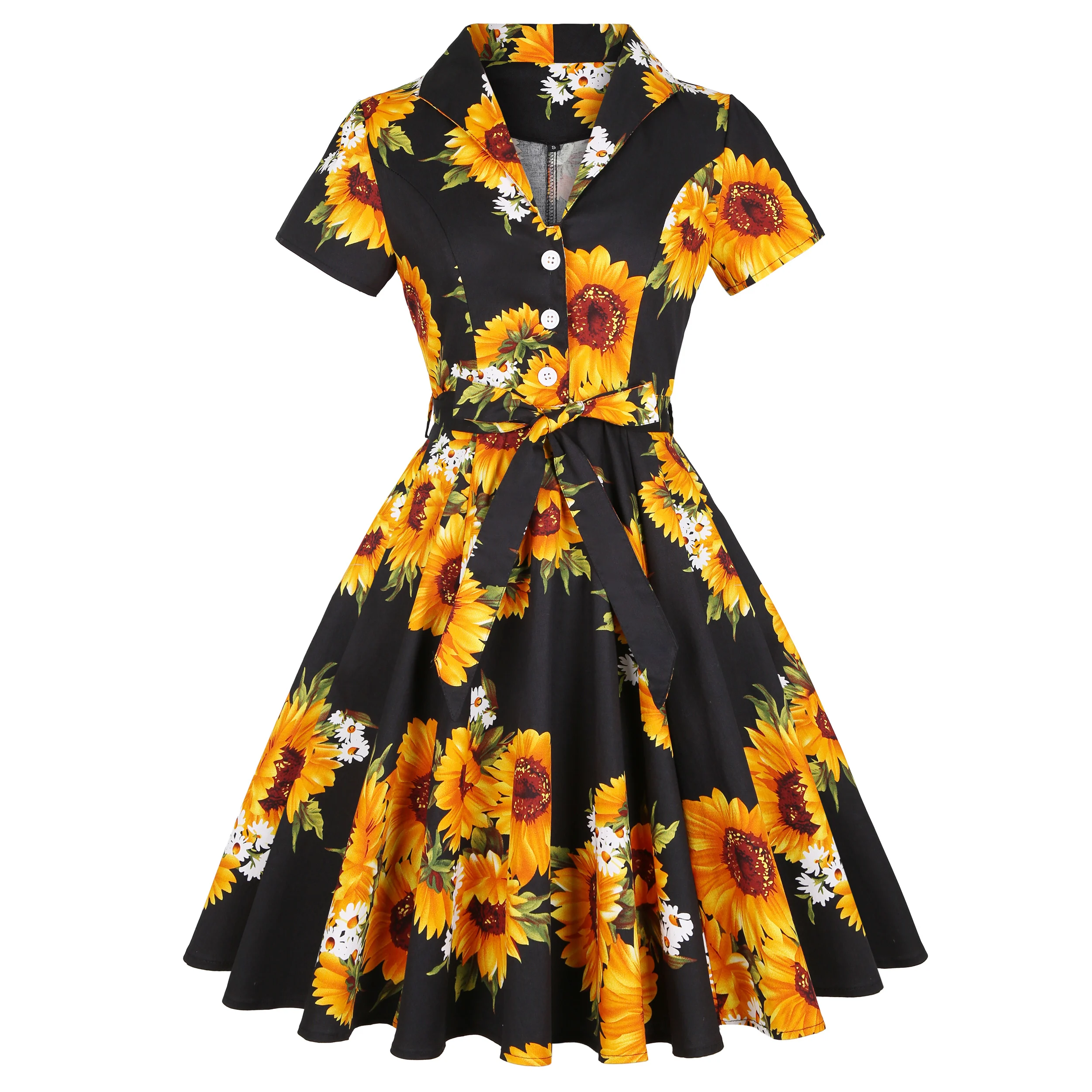 

Vintage Floral Print Women Midi Dress Spring High Waist Black Beach Sundress Short Sleeve Boho Ladies Korea Vestido Chic Dresses