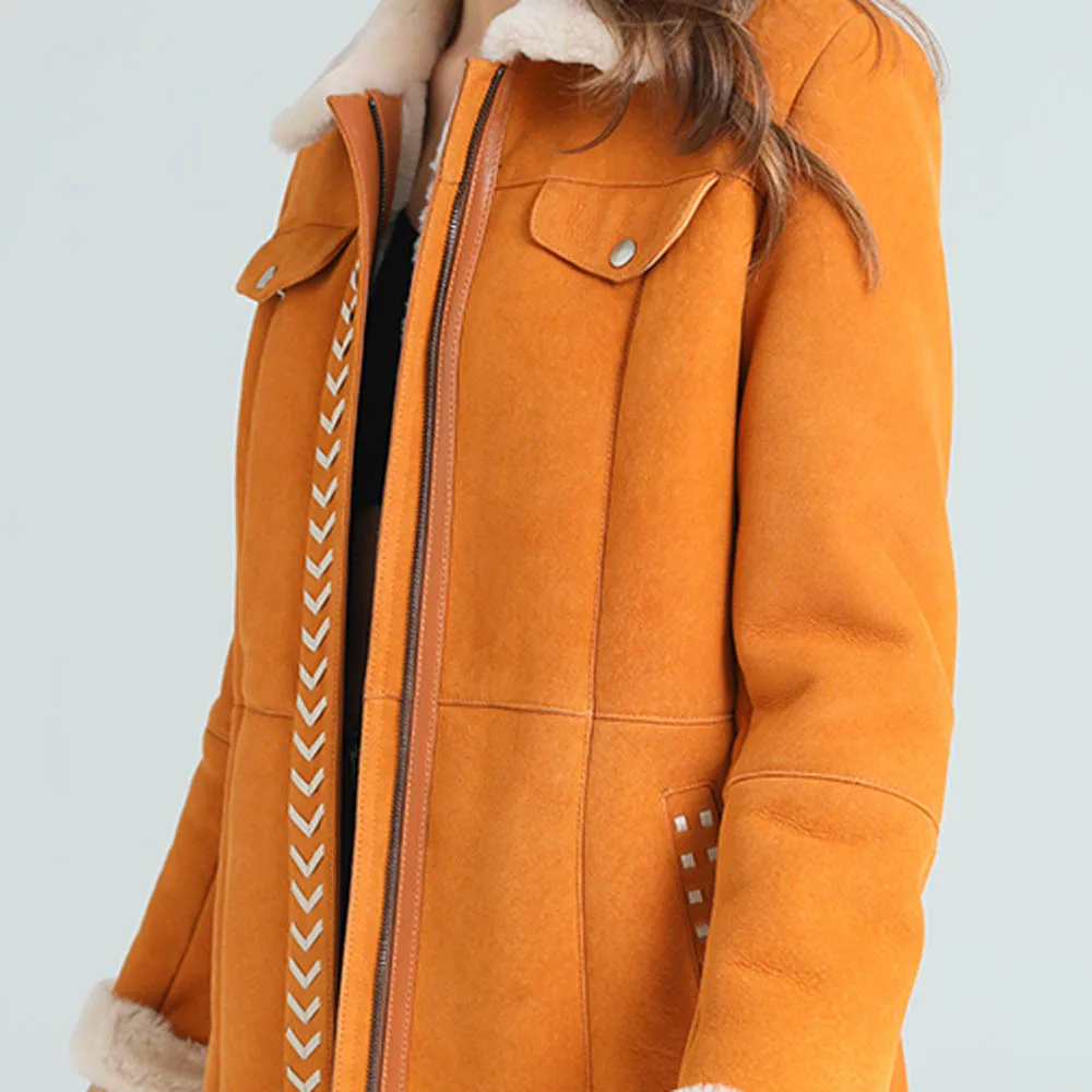 SANI 2020 Top Quality New Yellow Shearling Fur Coat Women Winter Real Fur Coat Red Real Sheepskin Jackets