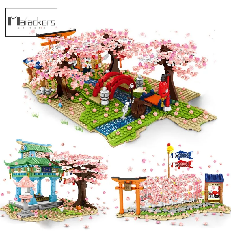 

Mailackers City Street View Sakura Tree Inari Shrine Building Blocks Cherry Blossom Friends House Construct Brick Toys for Child