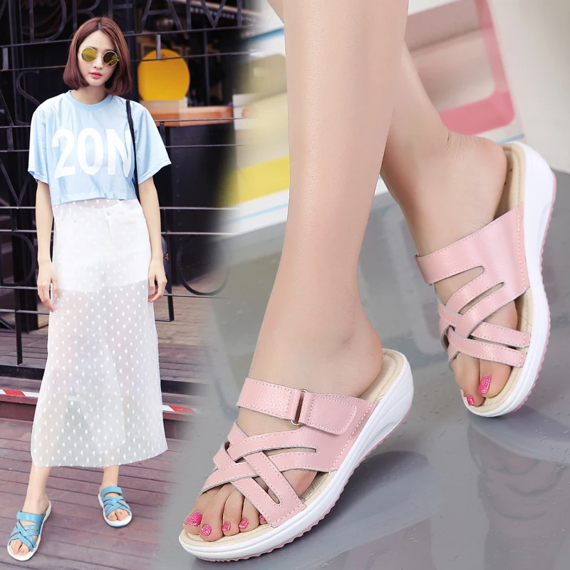 2019 г. летние женские сандалии на плоской подошве Удобные Пляжные из натуральной