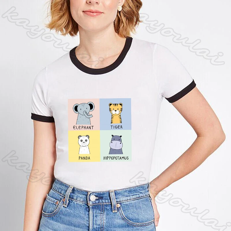 Kawaii женская футболка японский Стиль животных жирафа медведя лев собака Бегемот