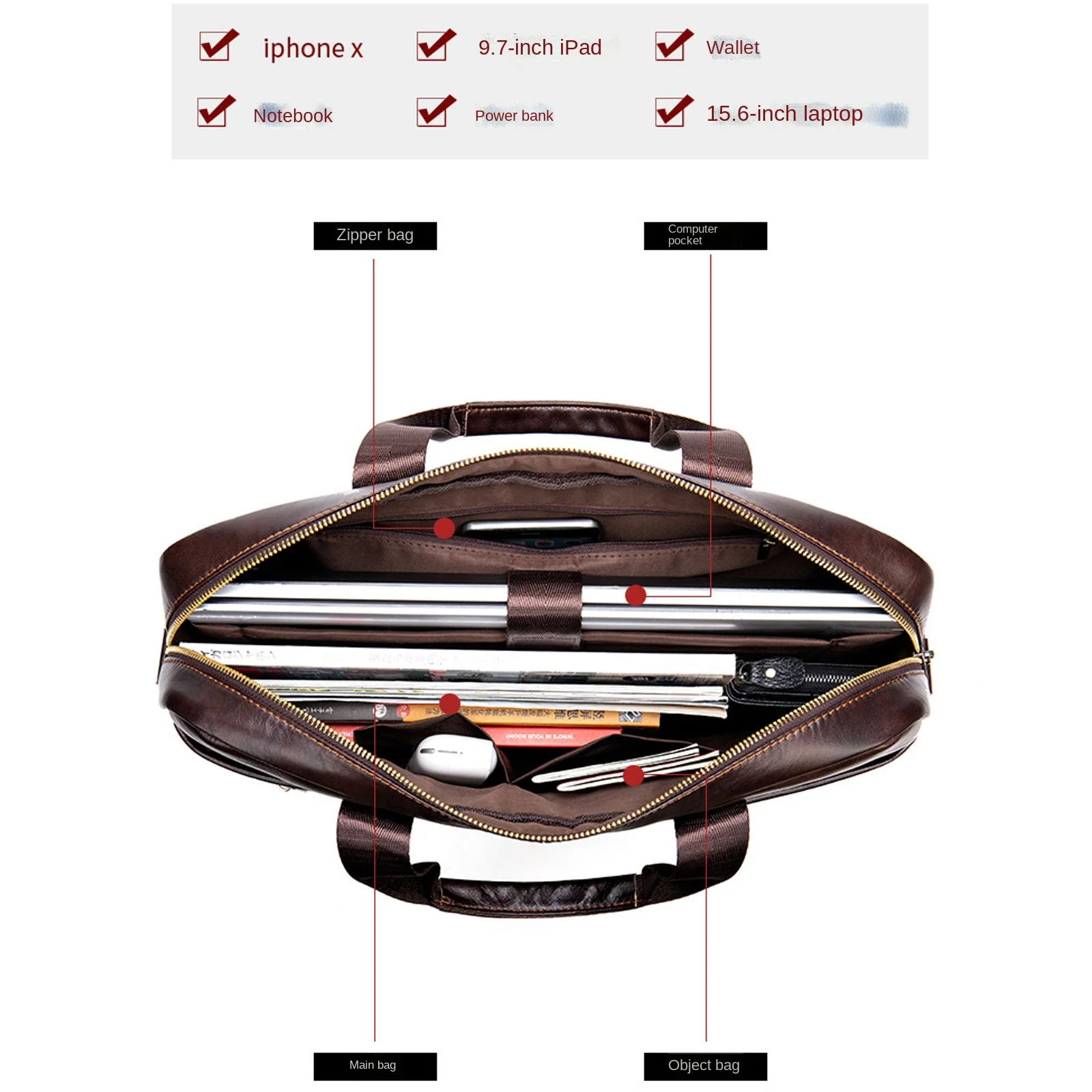 Men·s Horizontal Square business Briefcase bag  First layer cowhide large capacity laptop bags for men Trendy men's shoulder bag