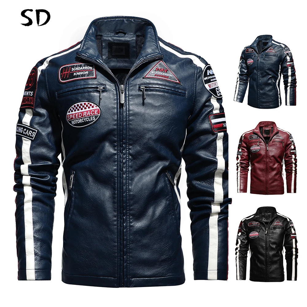 

SD Men Autumn Winter New Fashion Motor Biker Leather Jackets Coat Men Vintage Style Patchwork PU Faux Leather Jackets Men 2021