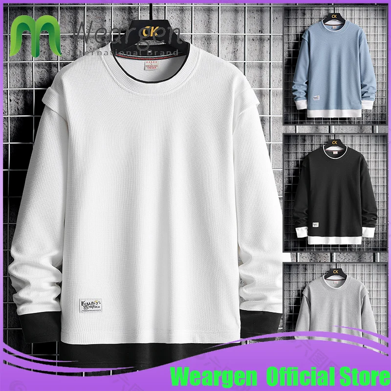 

Weargen Men Casual Hoodie Crewneck Shirt Long Sleeve Sweatshirt Hip Hop Patchwork Streetwear Mens Fall Pullover O-Neck WY8610