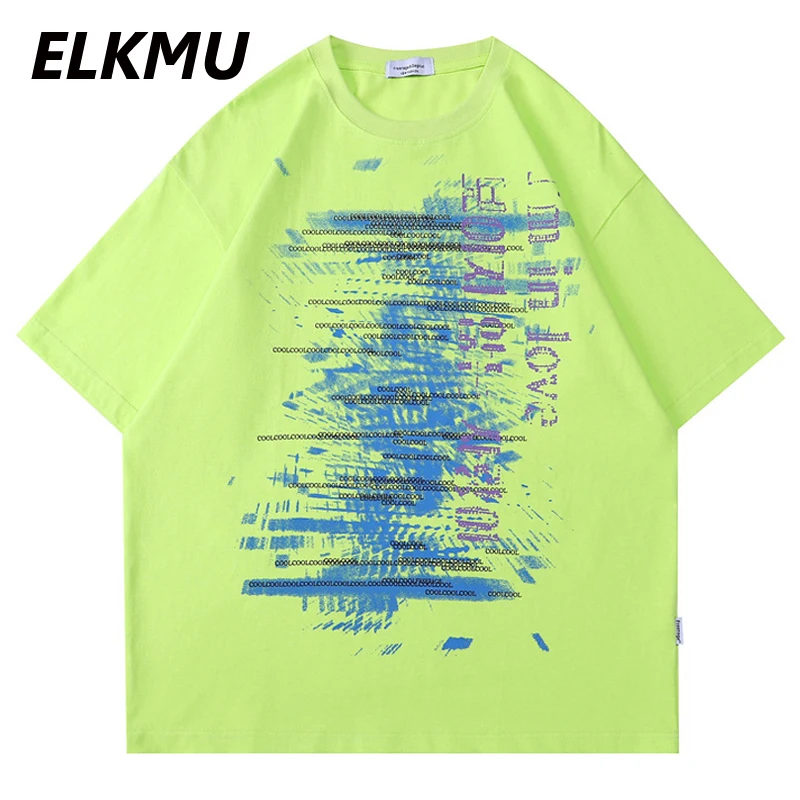 ELKMU Green Tshirts Summer T-shirt Oversize Men Streetwear Graffiti Tshirt Short Sleeve Tops Tees Orange Shirts Loose Male HM165