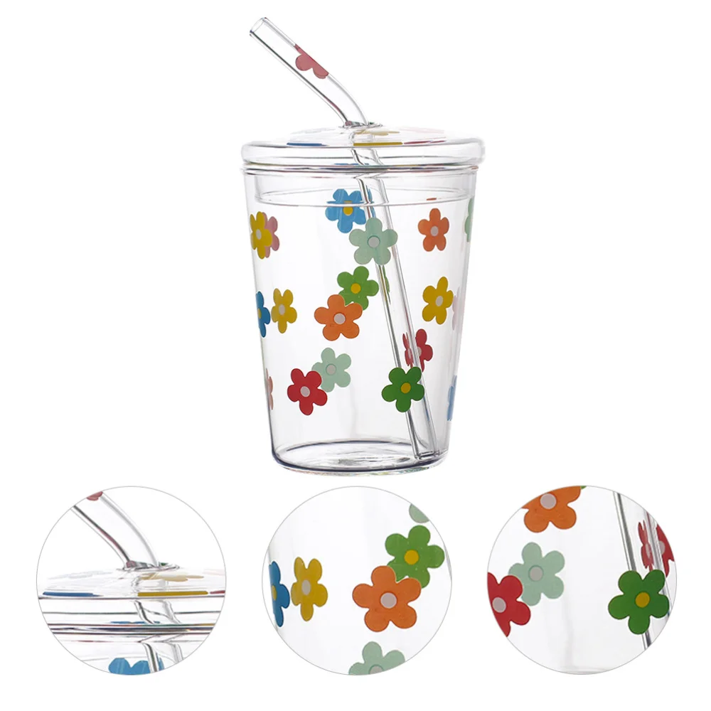 

1pc Straw Cups Flower Patter Water Cup Glass Cups Beverage Cup Drinking Cup