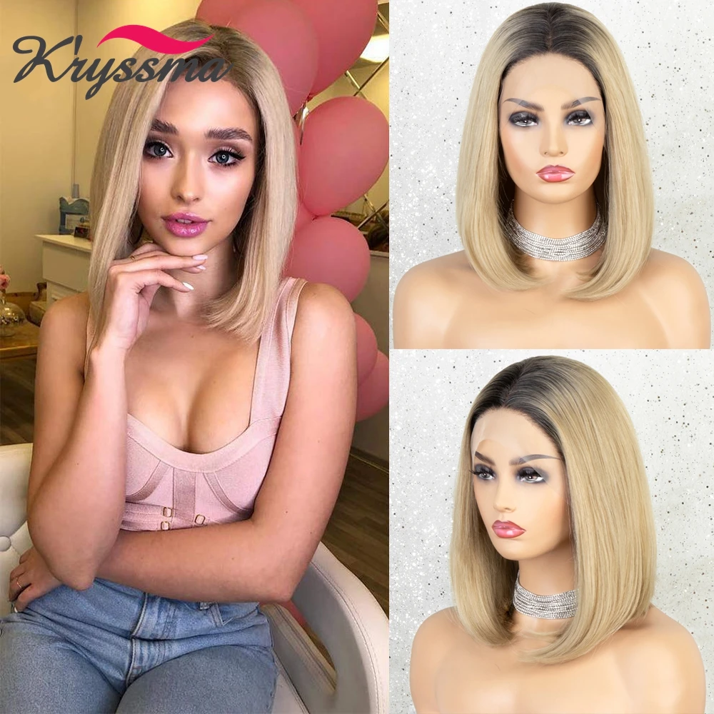 

Kryssma Straight Synthetic Lace Front Wigs For Women Short Ombre Blonde Bob Wig with Brown Roots Glueless Heat Resistant Fiber