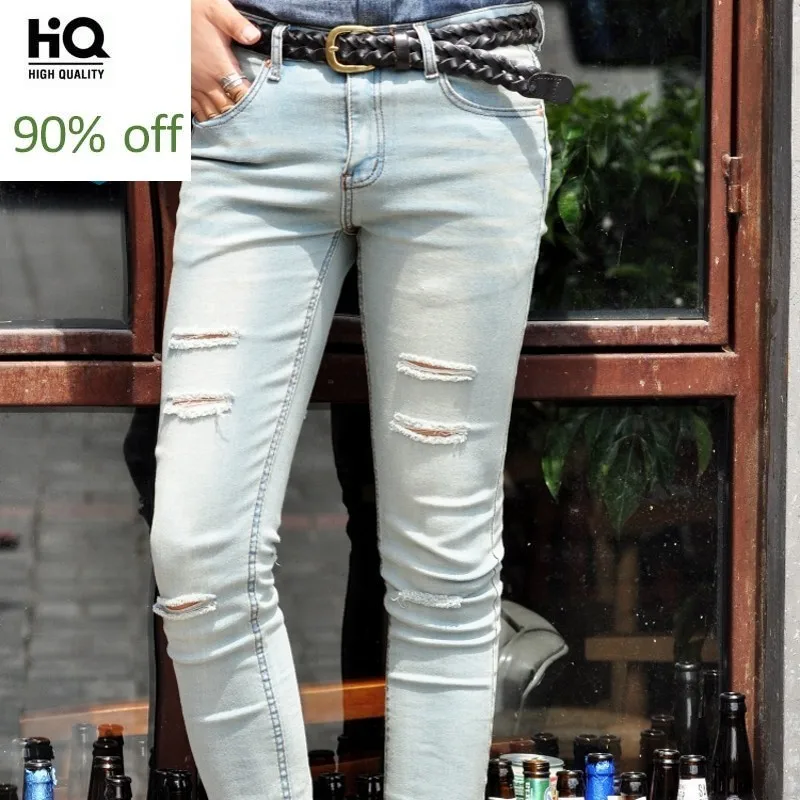 Дырявый светильник синие мужские джинсовые штаны модные эластичные блестящие
