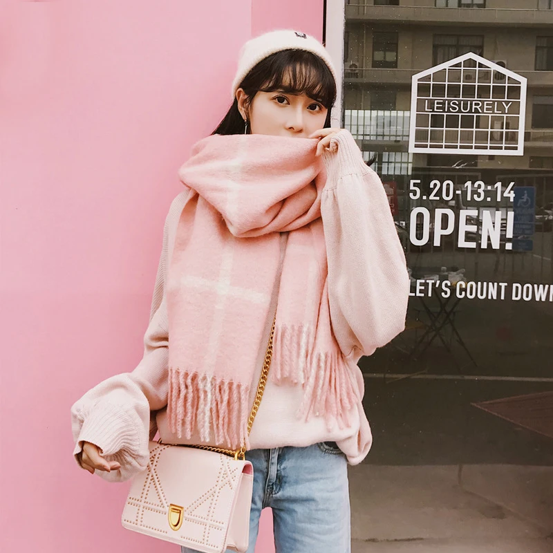 Осень-зима Новое поступление клетчатый шарф с кисточками Женская Толстая теплая