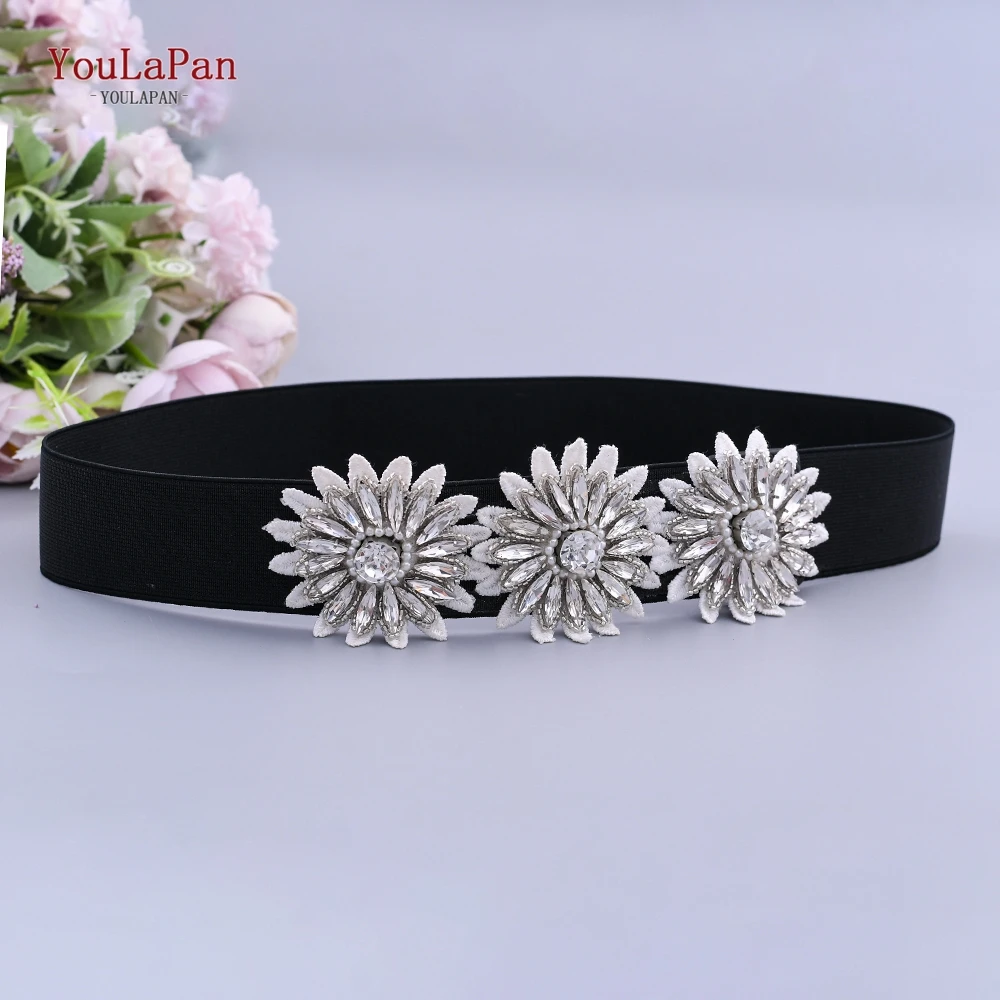 

Youla Pan S393-D Elastic Band Belt with FLOWER Wedding Dress Sash Rhinestones Evening Gown Belts for Wedding Elastic Band