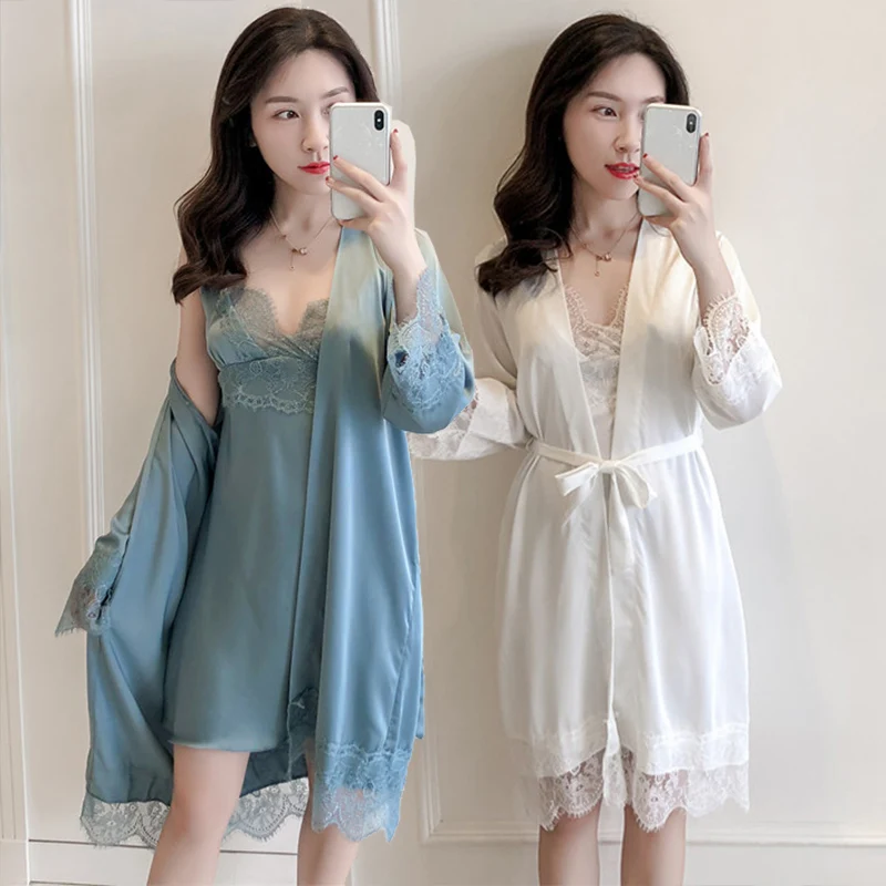 

2020 Summer 2PCS Silk Satin Sexy Lingerie Nightgowns Robes Sets for Women Lace Bathrobe Sleepwear Nightdress Night Dress Nighty