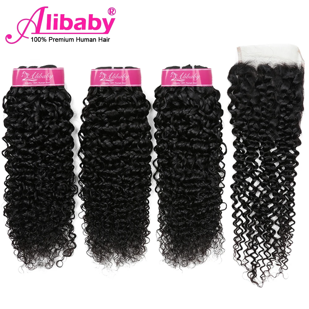 Alibaby Jerry Curl человеческие волосы, бразильские волосы, волнистые пряди, не Реми, кудрявые пряди с закрытием, человеческие волосы, волнистые 8-30 дюймов