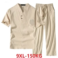 mens clothing large size tracksuit husband 2021 summer suit linen t shirt fashion male set chinese style 8xl 9xl plus two piece