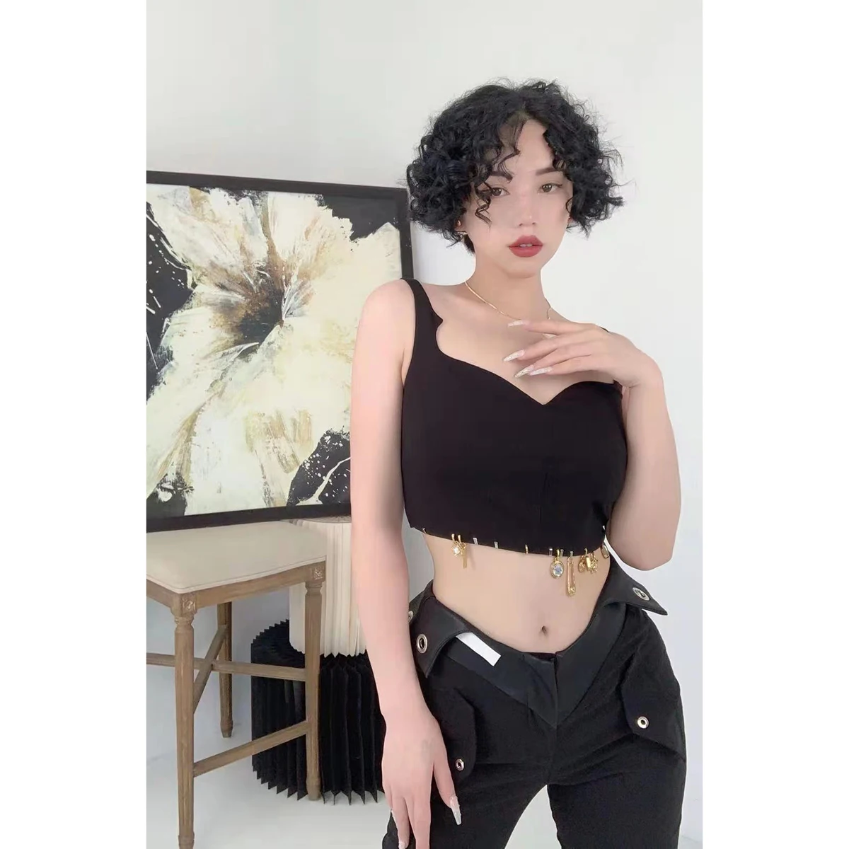 

GETSPRING Women Crop Top Patchwork Short Sexy Black Summer Sleeveless Top Vintgae Sexy All Match Woman Clothes 2021 New Fashion