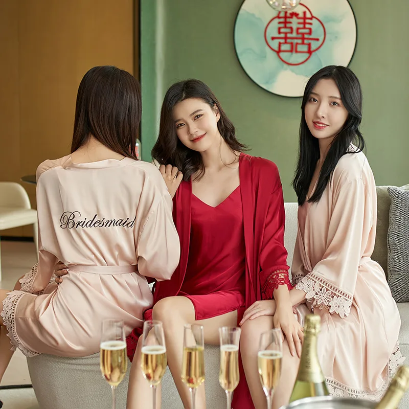 

Sexy Lace Sleeve Wedidng Robe Women Kimono Bathrobe Gown Casual Nightgown Home Clothing Soft V-neck Sleepwear Intimate Lingerie