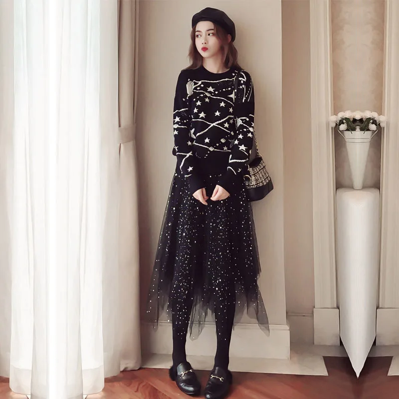 Женские газовые Юбки Костюмы звезды черный свитер сетчатые юбки с пайетками
