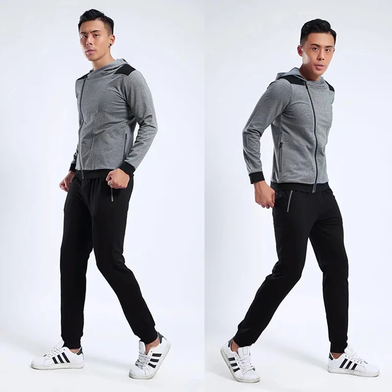 

2019 High Elasticity Sports Men Running Training Pants Sport Set Cardigan Hooded Thicker Warm Running Suits Gym Sportwear