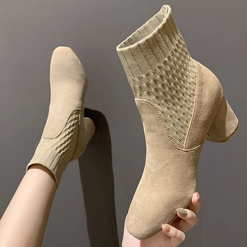 

Women's Ankle Boots Rain Boots Thick-soled Boots, Winter Shoes, Low Socks, 2021 New Square Toe High-heeled Short Tube Thick Heel