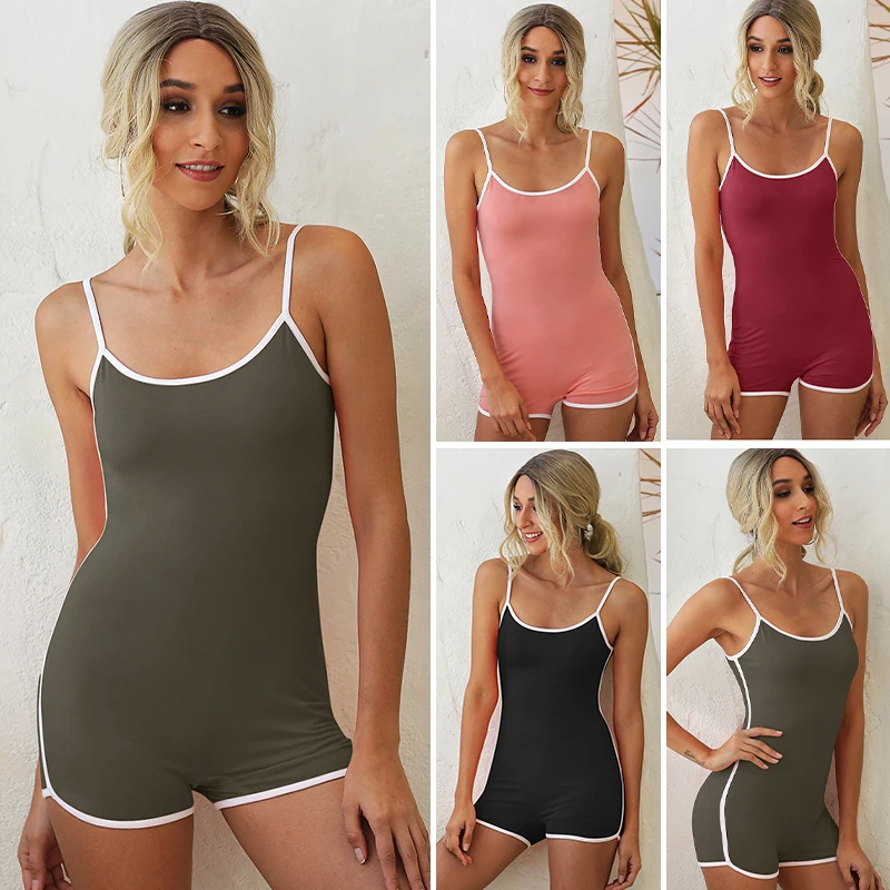 

2021 Women Skinny Playsuits Leisure Sports Fitness Short Jumpsuits Sling Tops Solid Yoga Set Workout Gym Suits Casual Rompers